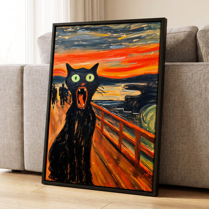 Midnight Cat's Cry, black, orange, gray abstract wall art displayed in a styled interior, gallery view 1