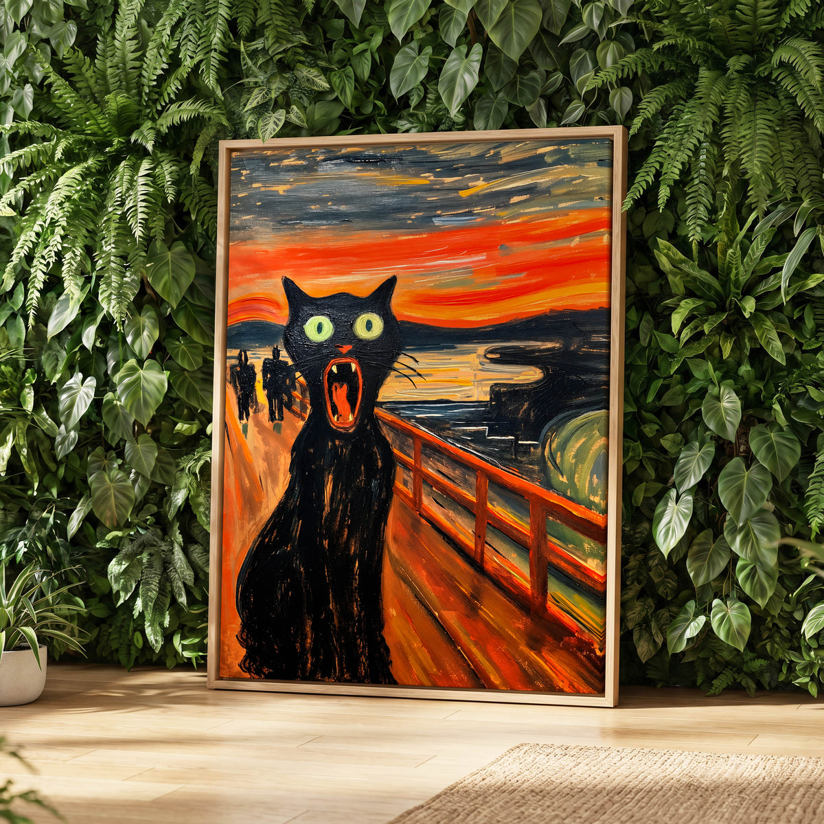 Midnight Cat's Cry, black, orange, gray abstract wall art displayed in a styled interior, gallery view 2