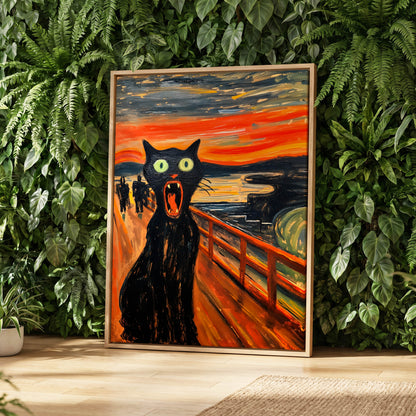 Midnight Cat's Cry, black, orange, gray abstract wall art displayed in a styled interior, gallery view 2