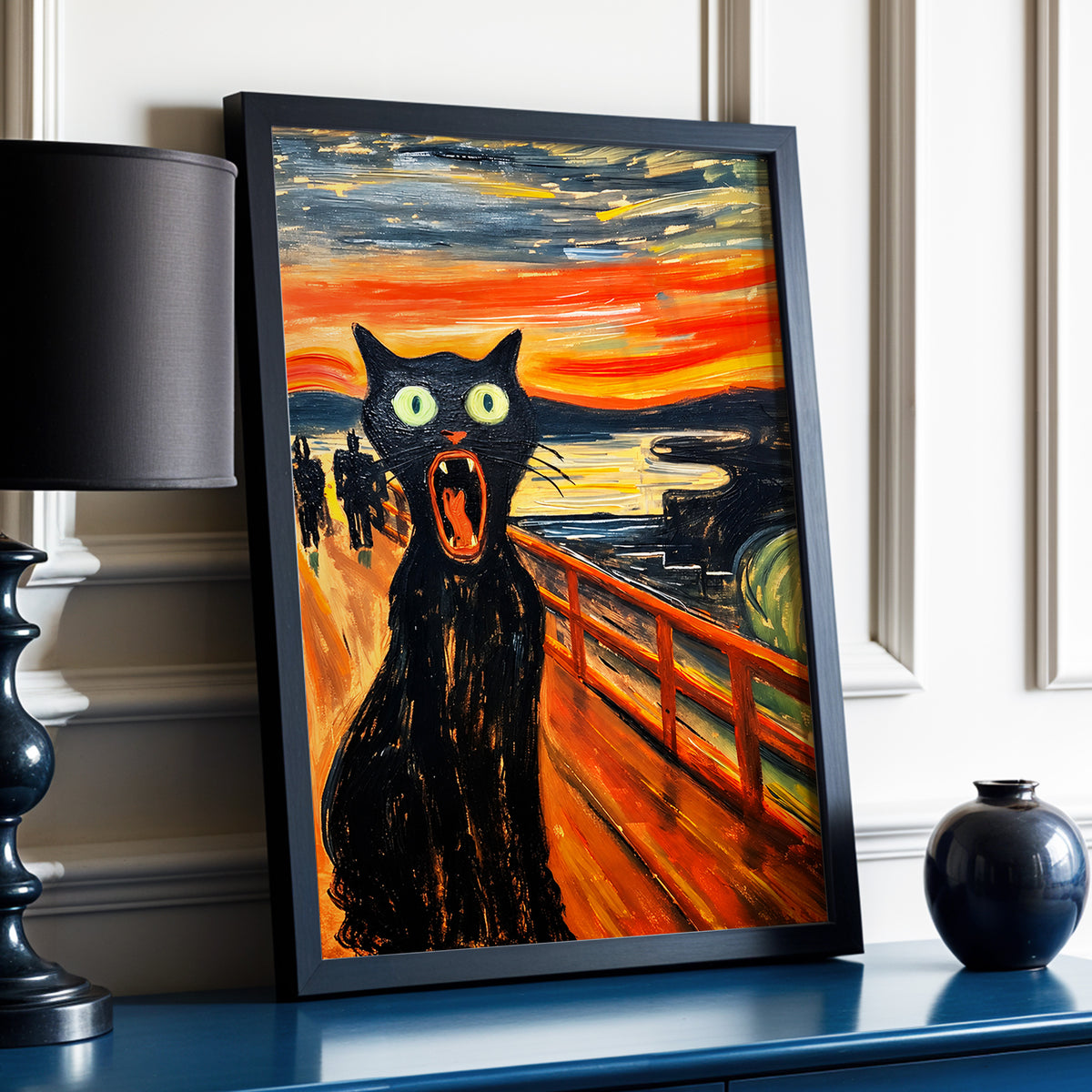 Midnight Cat's Cry, black, orange, gray abstract wall art displayed in a styled interior, gallery view 3