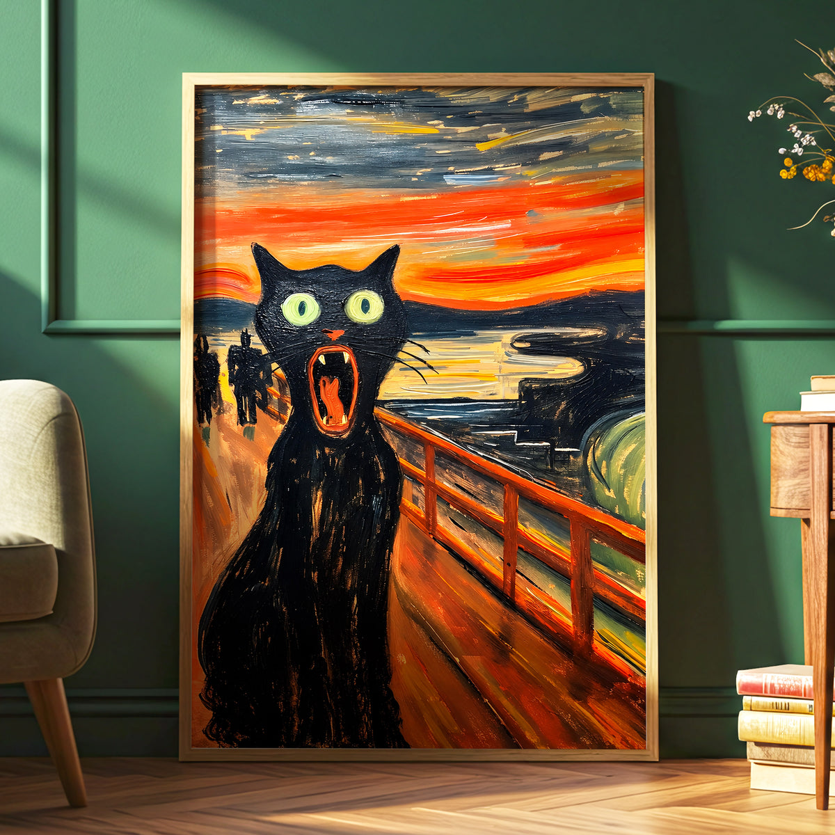 Midnight Cat's Cry, black, orange, gray abstract wall art displayed in a styled interior, gallery view 6