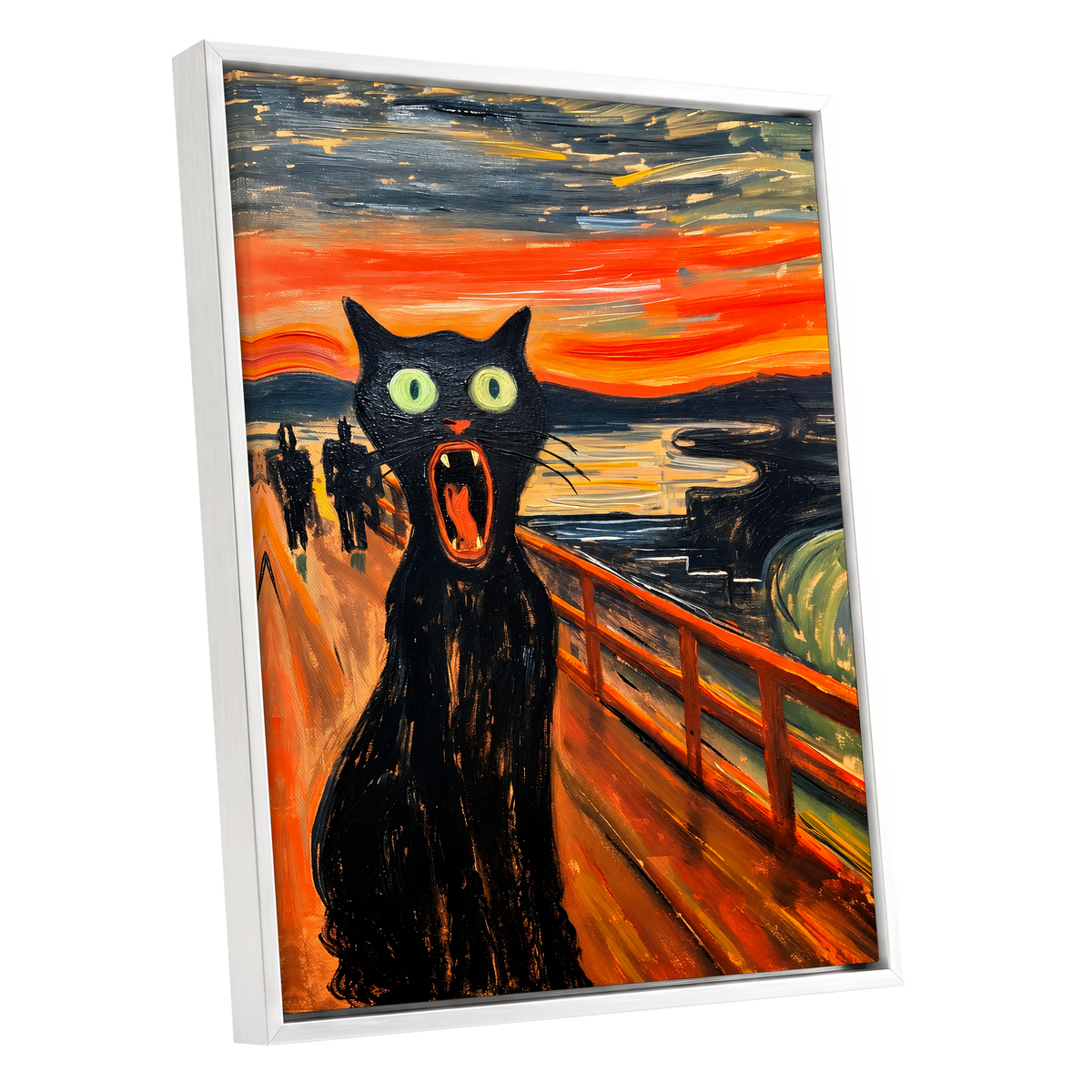 Midnight Cat's Cry, black, orange, gray abstract wall art shown as a white framed canvas wall art