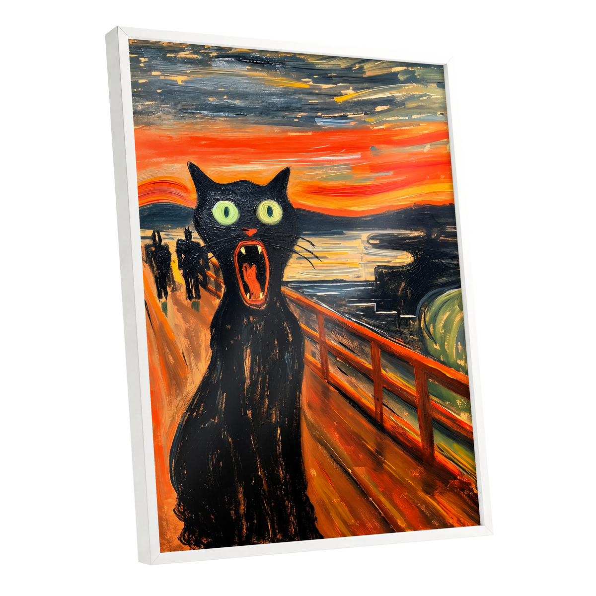 Midnight Cat's Cry, black, orange, gray abstract wall art shown as a white framed poster wall art print