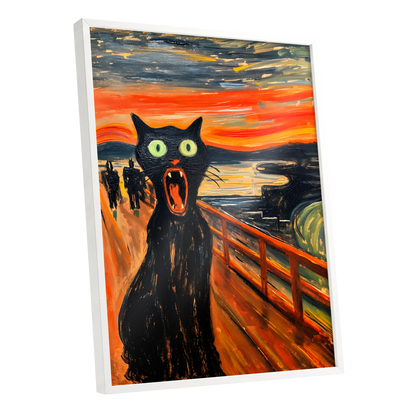 Midnight Cat's Cry, black, orange, gray abstract wall art shown as a white framed poster wall art print