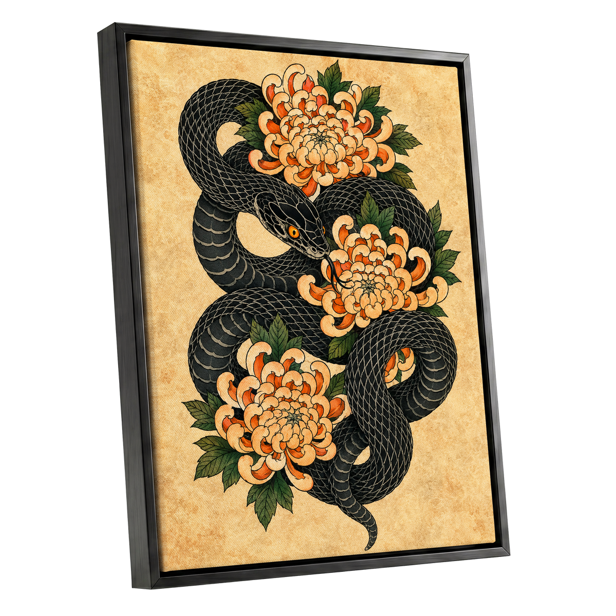 Midnight Chrysanthemum, black, orange, green nature wall art shown as a black framed canvas wall art
