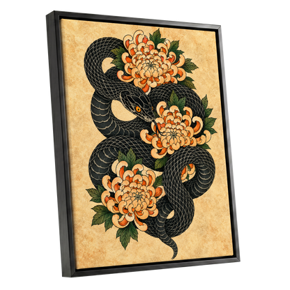 Midnight Chrysanthemum, black, orange, green nature wall art shown as a black framed canvas wall art