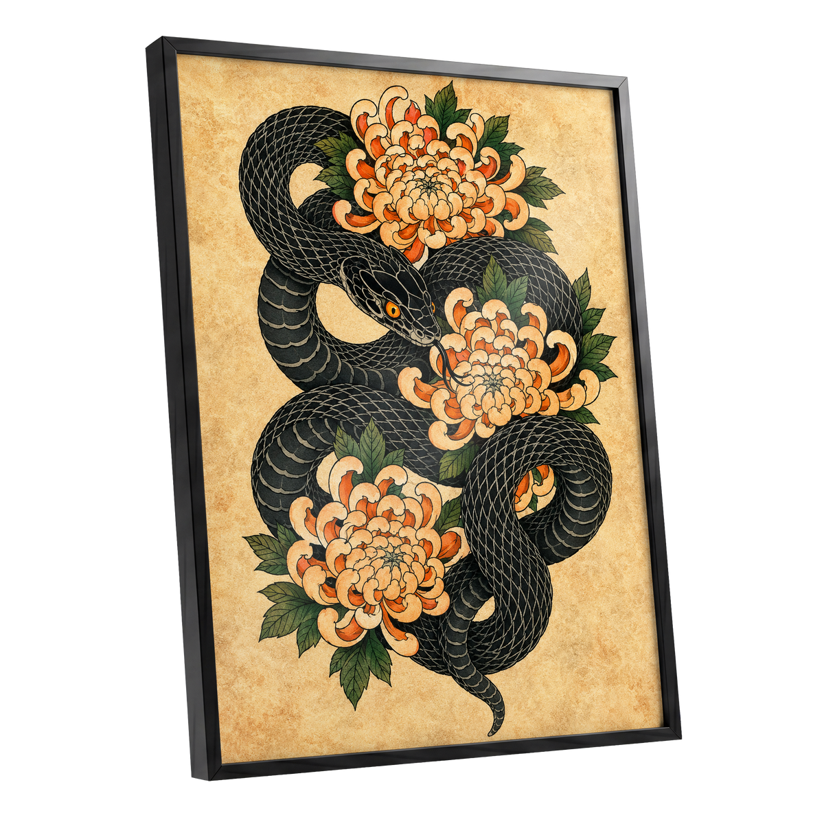 Midnight Chrysanthemum, black, orange, green nature wall art shown as a black framed poster wall art print