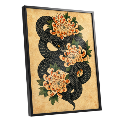 Midnight Chrysanthemum, black, orange, green nature wall art shown as a black framed poster wall art print