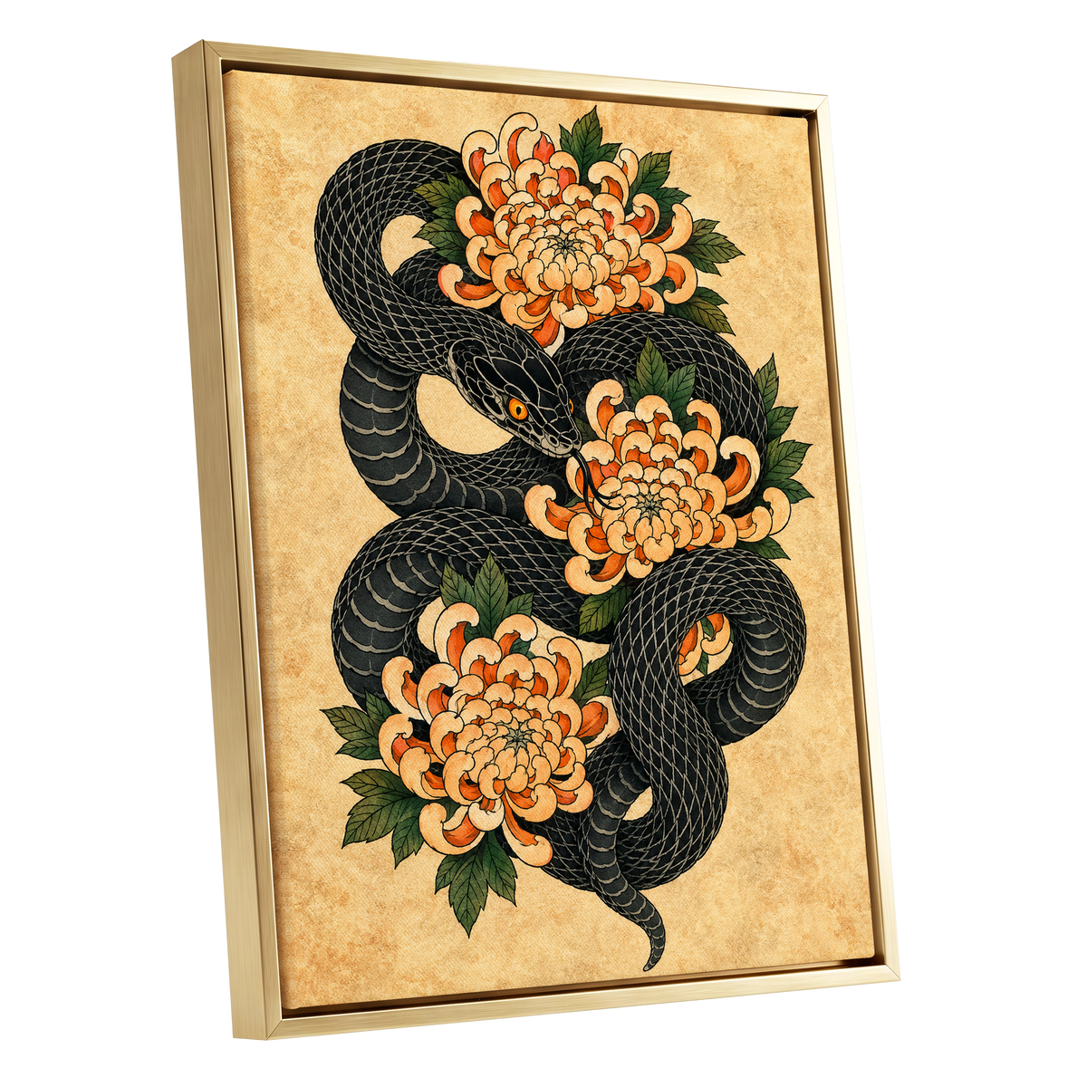 Midnight Chrysanthemum, black, orange, green nature wall art shown as a gold framed canvas wall art