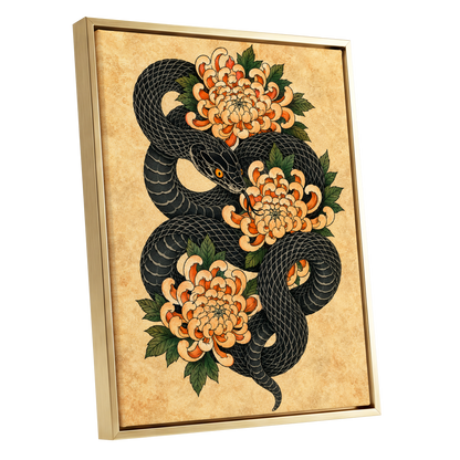 Midnight Chrysanthemum, black, orange, green nature wall art shown as a gold framed canvas wall art