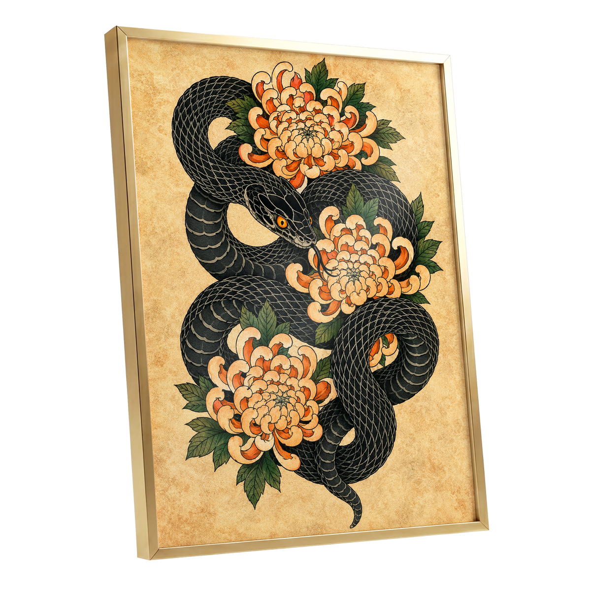 Midnight Chrysanthemum, black, orange, green nature wall art shown as a gold framed poster wall art print
