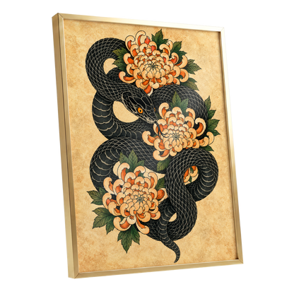 Midnight Chrysanthemum, black, orange, green nature wall art shown as a gold framed poster wall art print