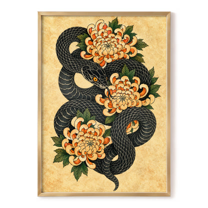 Midnight Chrysanthemum, black, orange, green nature wall art, front artwork view