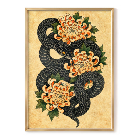 Midnight Chrysanthemum, black, orange, green nature wall art, front artwork view