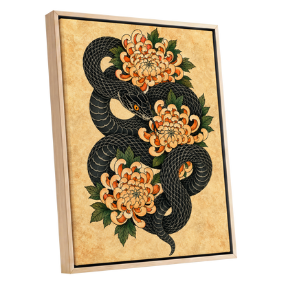 Midnight Chrysanthemum, black, orange, green nature wall art shown as a oak framed canvas wall art