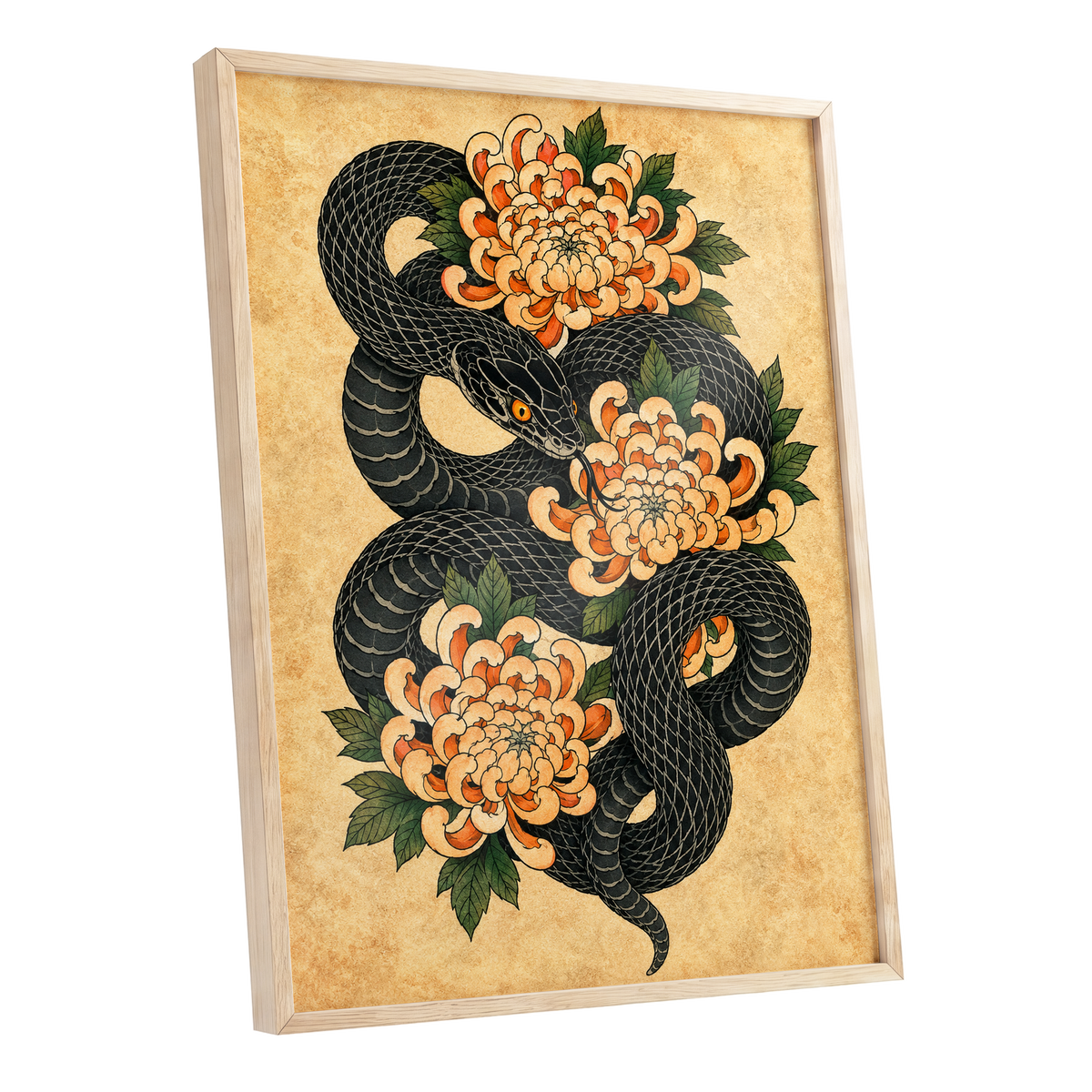 Midnight Chrysanthemum, black, orange, green nature wall art shown as a oak framed poster wall art print