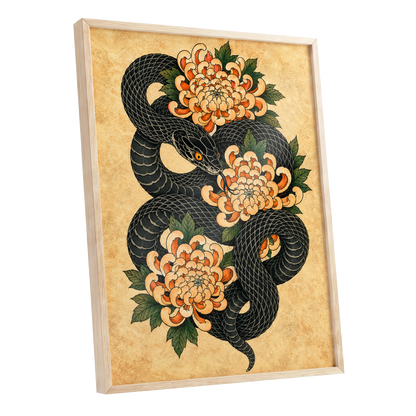Midnight Chrysanthemum, black, orange, green nature wall art shown as a oak framed poster wall art print