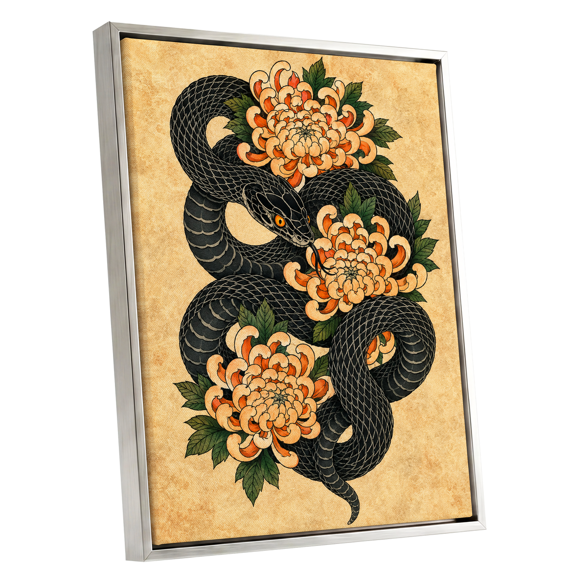 Midnight Chrysanthemum, black, orange, green nature wall art shown as a silver framed canvas wall art