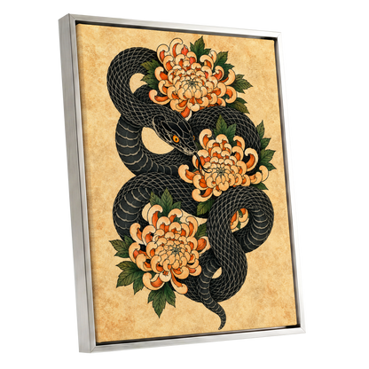 Midnight Chrysanthemum, black, orange, green nature wall art shown as a silver framed canvas wall art