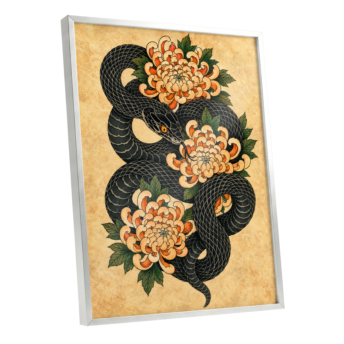Midnight Chrysanthemum, black, orange, green nature wall art shown as a silver framed poster wall art print