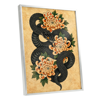 Midnight Chrysanthemum, black, orange, green nature wall art shown as a silver framed poster wall art print