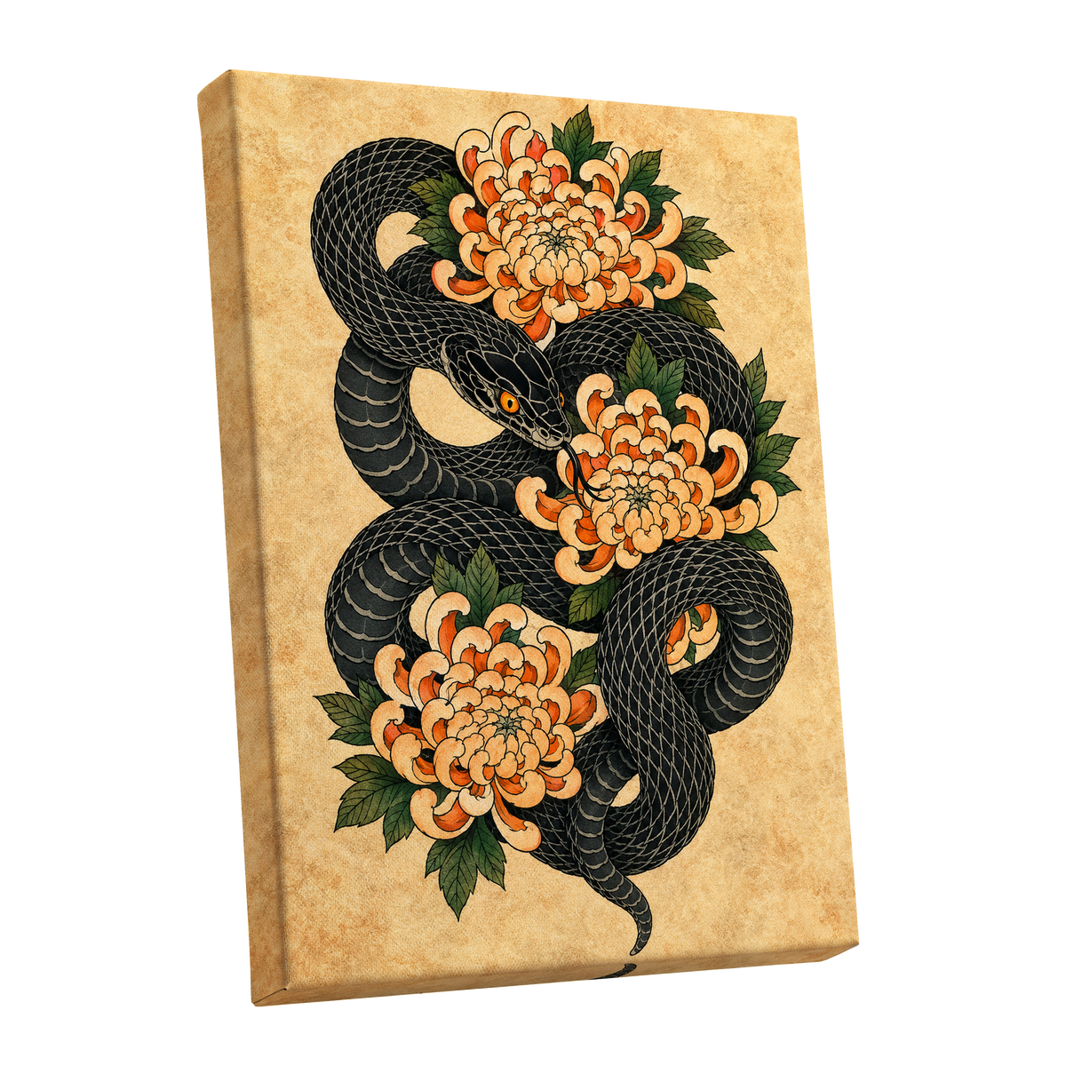 Midnight Chrysanthemum, black, orange, green nature wall art shown as a stretched canvas wall art