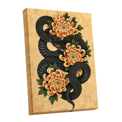 Midnight Chrysanthemum, black, orange, green nature wall art shown as a stretched canvas wall art
