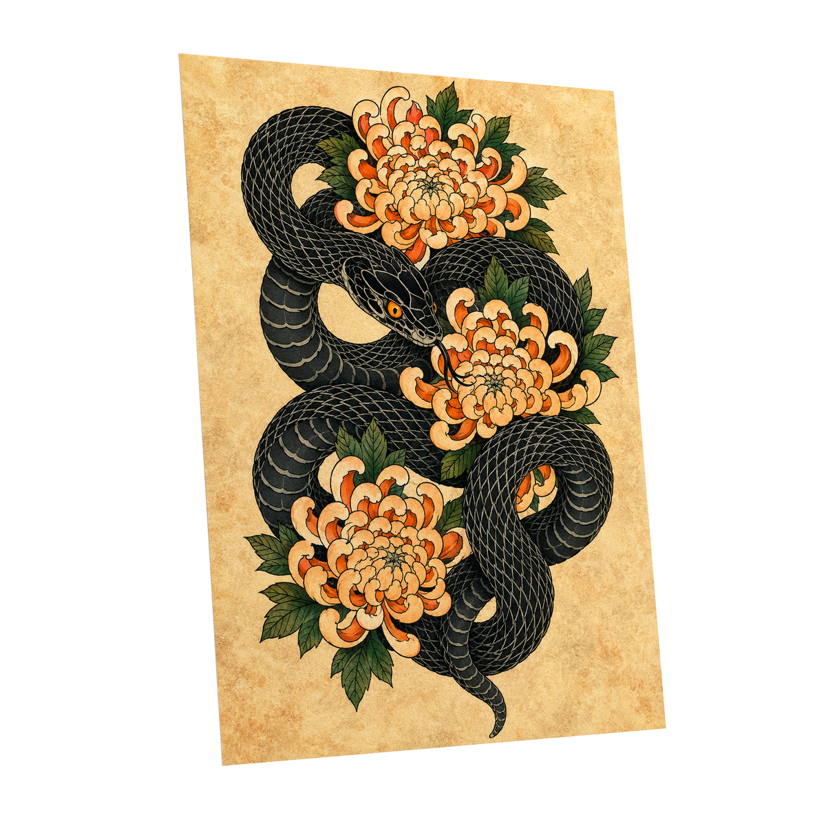 Midnight Chrysanthemum, black, orange, green nature wall art shown as a unframed poster wall art print