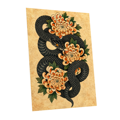 Midnight Chrysanthemum, black, orange, green nature wall art shown as a unframed poster wall art print