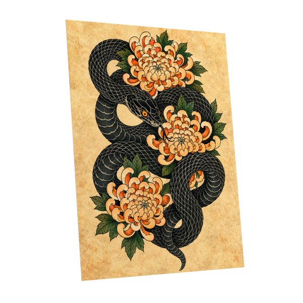Midnight Chrysanthemum, black, orange, green nature wall art shown as a unframed poster wall art print