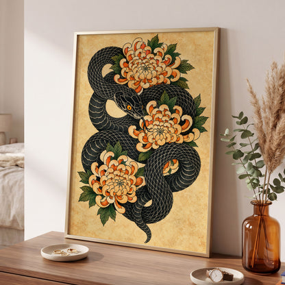 Midnight Chrysanthemum, black, orange, green nature wall art displayed in a styled interior, gallery view 2