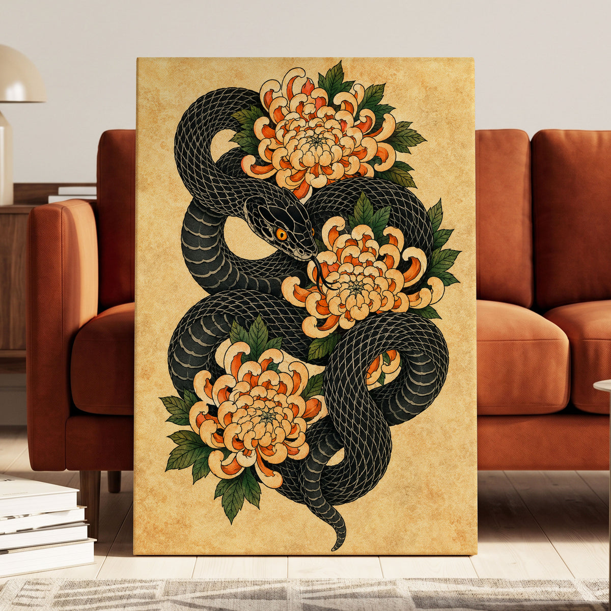 Midnight Chrysanthemum, black, orange, green nature wall art displayed in a styled interior, gallery view 3
