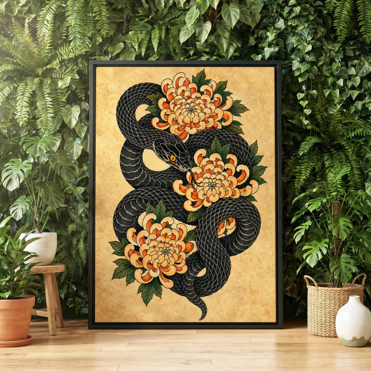 Midnight Chrysanthemum, black, orange, green nature wall art displayed in a styled interior, gallery view 4