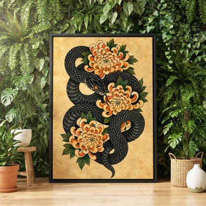 Midnight Chrysanthemum, black, orange, green nature wall art displayed in a styled interior, gallery view 4