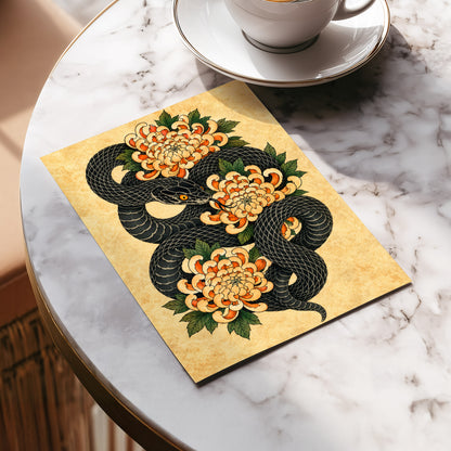 Midnight Chrysanthemum, black, orange, green nature wall art displayed in a styled interior, gallery view 5