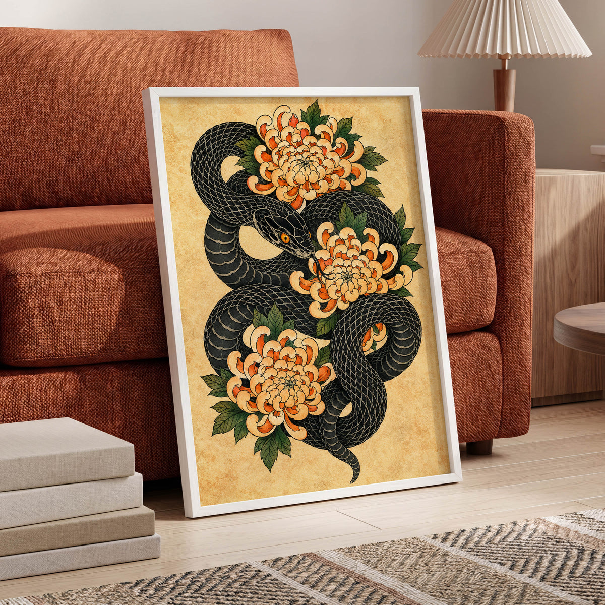 Midnight Chrysanthemum, black, orange, green nature wall art displayed in a styled interior, gallery view 6