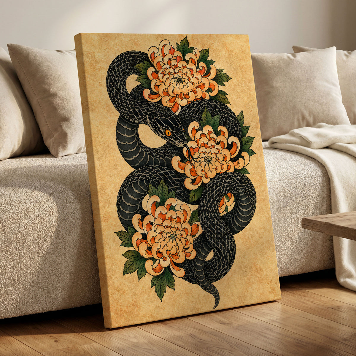Midnight Chrysanthemum, black, orange, green nature wall art displayed in a styled interior, gallery view 7