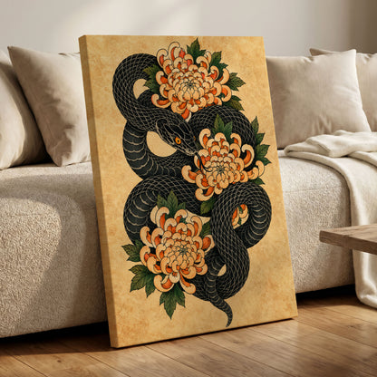 Midnight Chrysanthemum, black, orange, green nature wall art displayed in a styled interior, gallery view 7