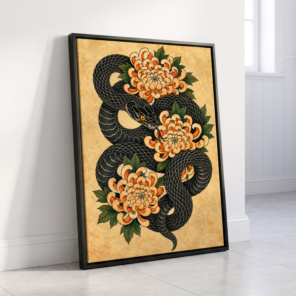 Midnight Chrysanthemum, black, orange, green nature wall art displayed in a styled interior, gallery view 8