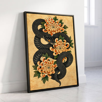 Midnight Chrysanthemum, black, orange, green nature wall art displayed in a styled interior, gallery view 8