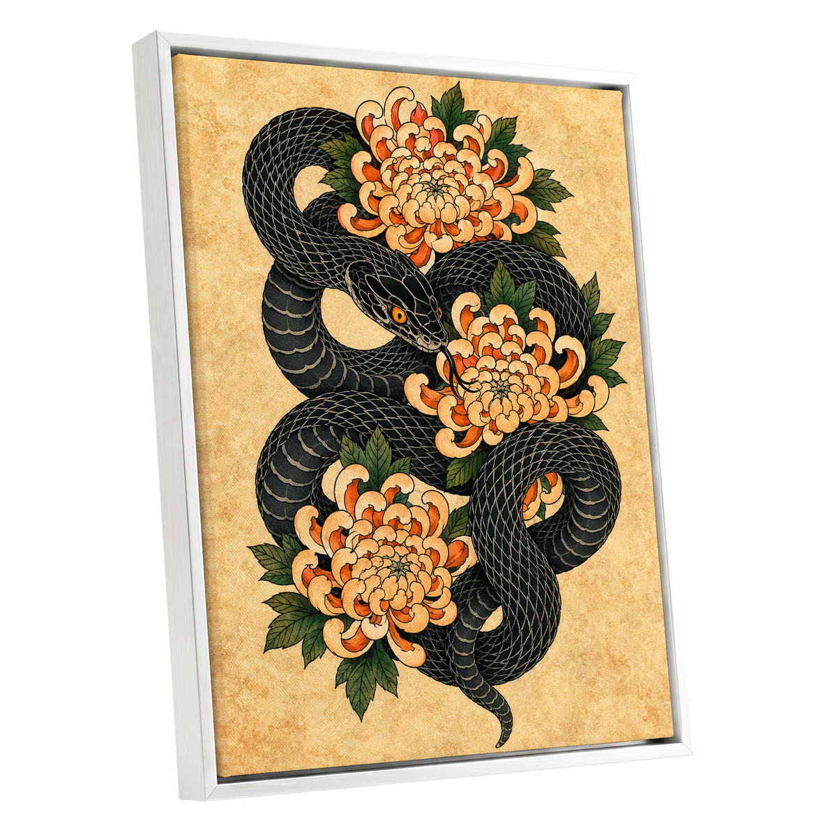 Midnight Chrysanthemum, black, orange, green nature wall art shown as a white framed canvas wall art