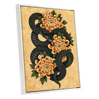 Midnight Chrysanthemum, black, orange, green nature wall art shown as a white framed canvas wall art