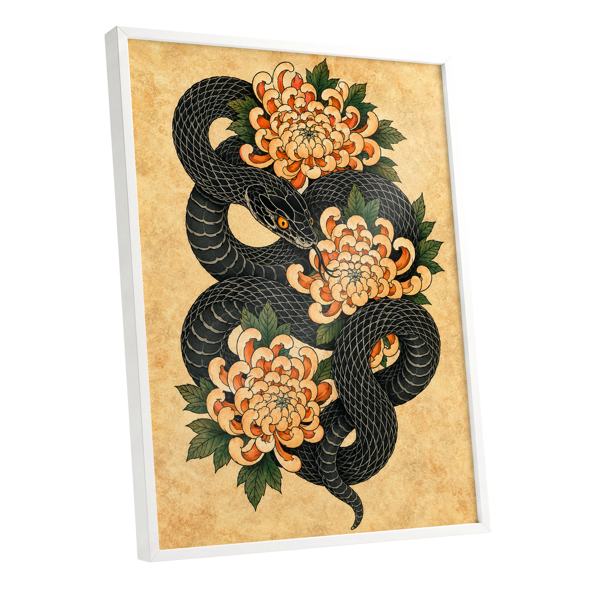 Midnight Chrysanthemum, black, orange, green nature wall art shown as a white framed poster wall art print