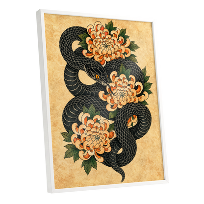 Midnight Chrysanthemum, black, orange, green nature wall art shown as a white framed poster wall art print