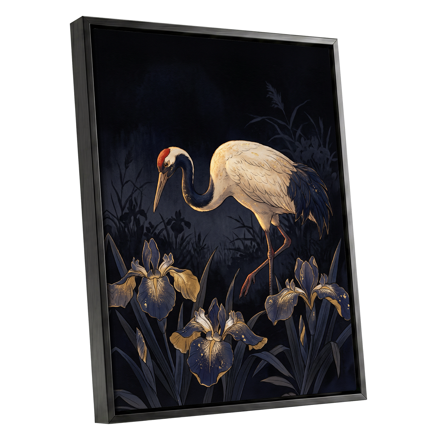 Midnight Crane and Irises, black, blue, beige nature wall art shown as a black framed canvas wall art