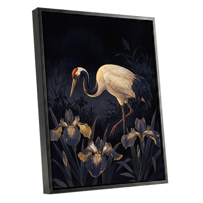 Midnight Crane and Irises, black, blue, beige nature wall art shown as a black framed canvas wall art