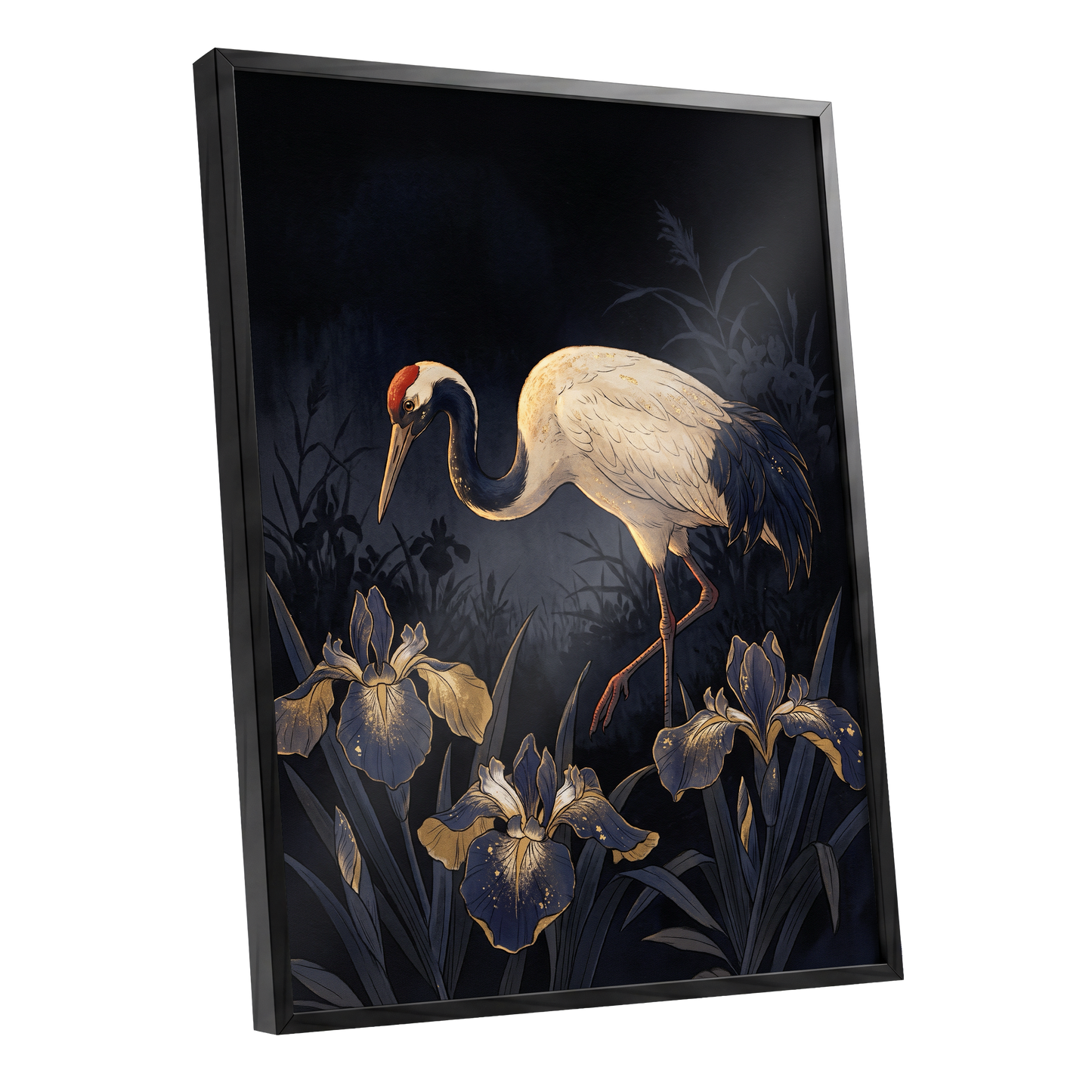 Midnight Crane and Irises, black, blue, beige nature wall art shown as a black framed poster wall art print