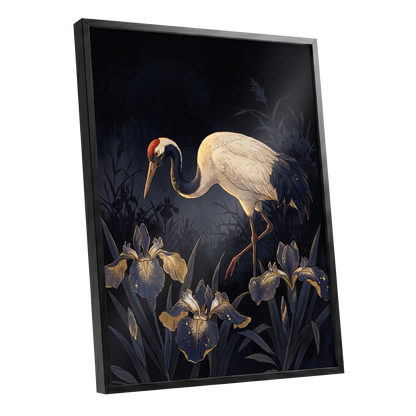 Midnight Crane and Irises, black, blue, beige nature wall art shown as a black framed poster wall art print