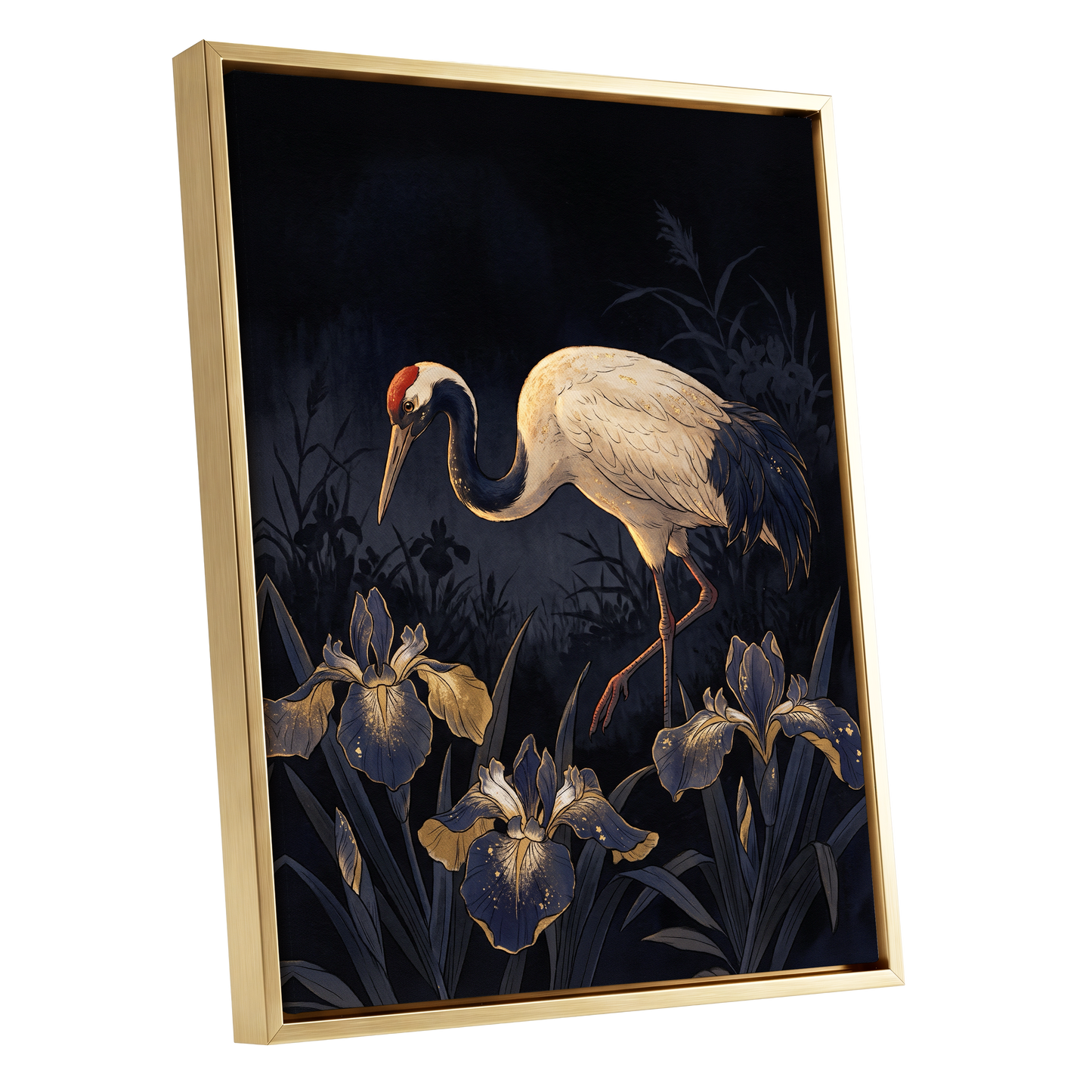 Midnight Crane and Irises, black, blue, beige nature wall art shown as a gold framed canvas wall art