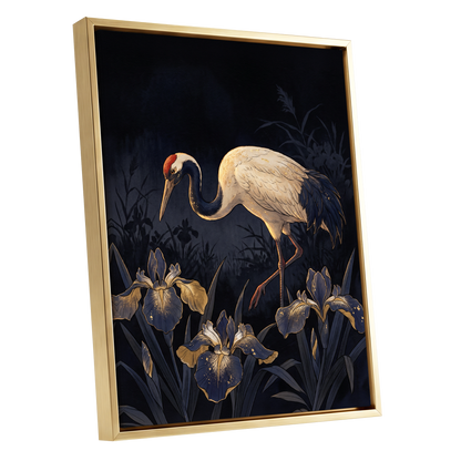 Midnight Crane and Irises, black, blue, beige nature wall art shown as a gold framed canvas wall art
